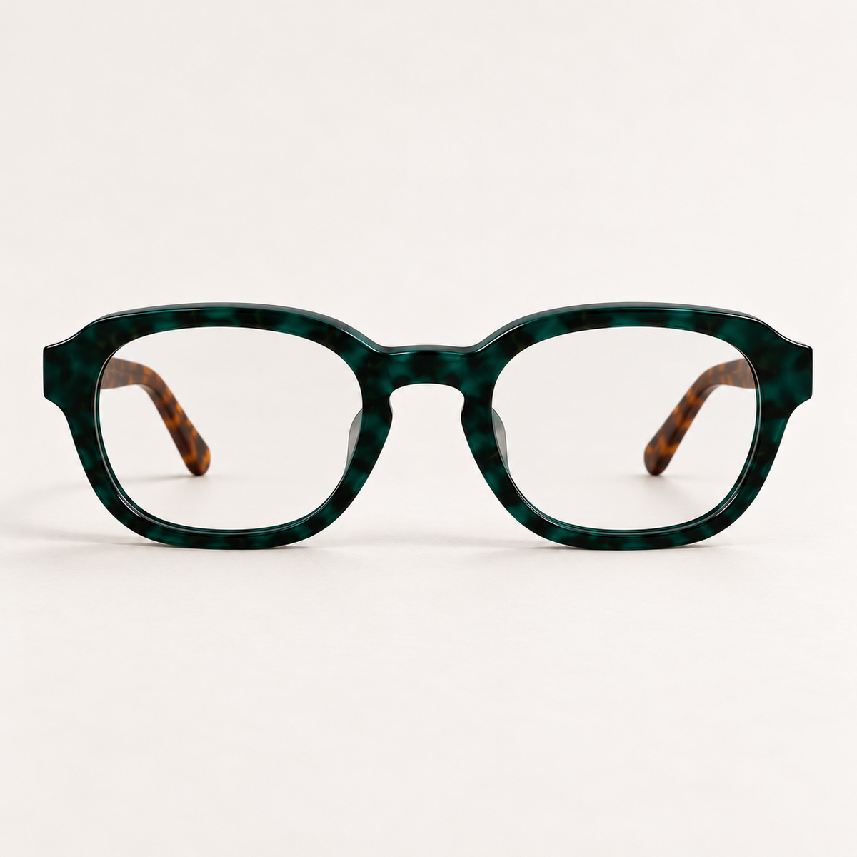 Forest/Tortoise frame with Everyday Mode lenses, straight-on front view of the deep green rims.
