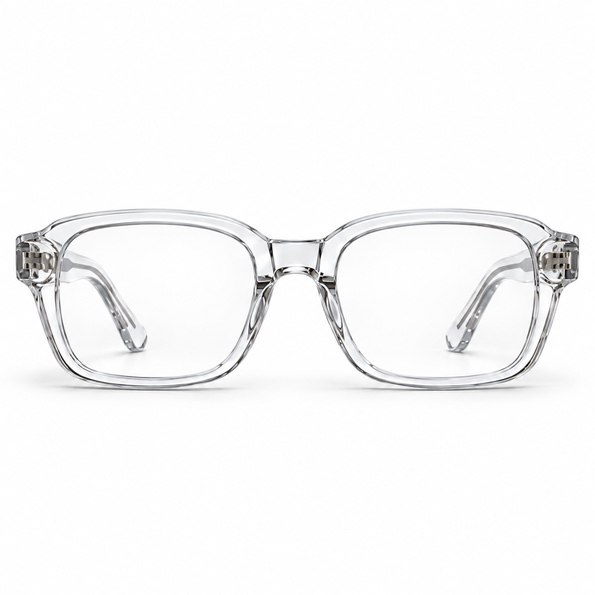 ATÉN Crystal Clear glasses with Everyday Mode lenses in a straight-on front view on white, with transparent frame and hinges.