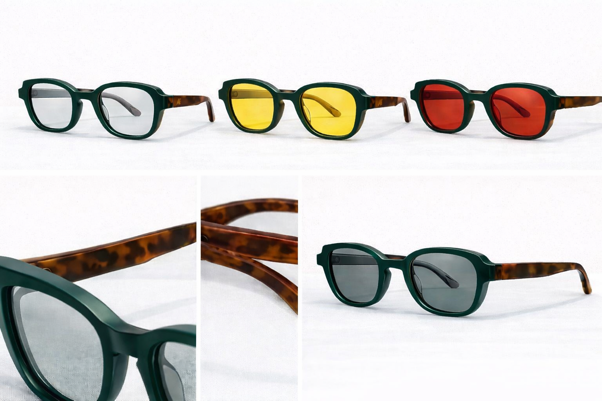 ATÉN Forest/Tortoise glasses shown in six views on white fabric, including open pairs with Everyday Mode’s subtle warm tint, Focus Mode’s pronounced amber tint and After Hours’ deep red tint, frame close-ups and silver Æ temple monograms.