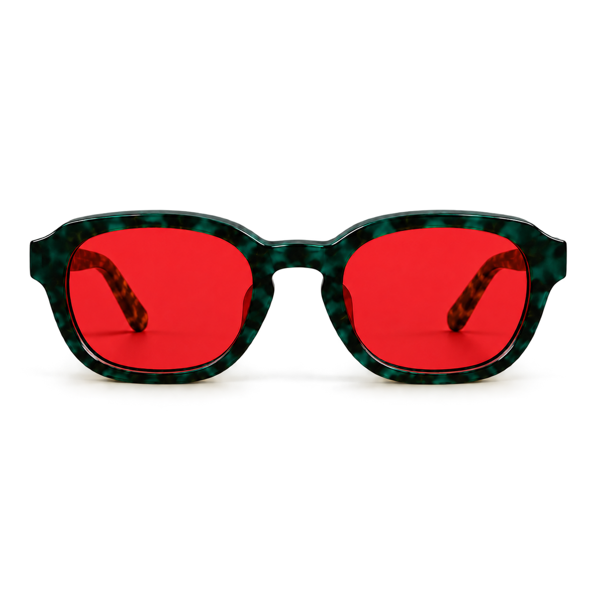 Straight-on front view of ATÉN Forest/Tortoise glasses with deep red After Hours lenses; deep forest-green marbled frame and tortoiseshell temple tips, isolated with soft natural shadows.