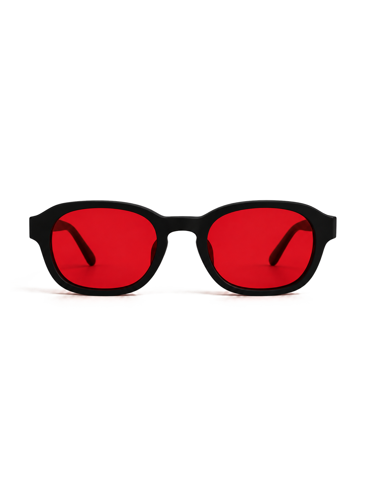 Transparent-background cutout of an ATÉN matte black frame with deep red After Hours lenses in a straight-on front view; both temple tips are visible through the lenses, with a soft red cast shadow beneath the lower rims.