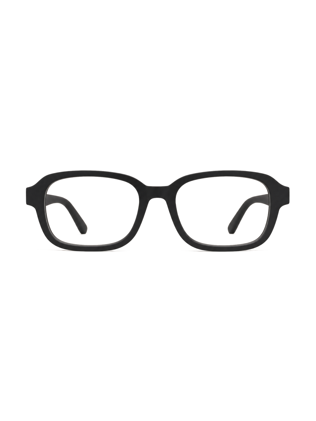 Transparent-background cutout of an ATÉN matte black frame with Everyday Mode lenses in a straight-on front view; both temple tips are visible behind the lenses, with a faint white cutout shadow beneath the lower rims.