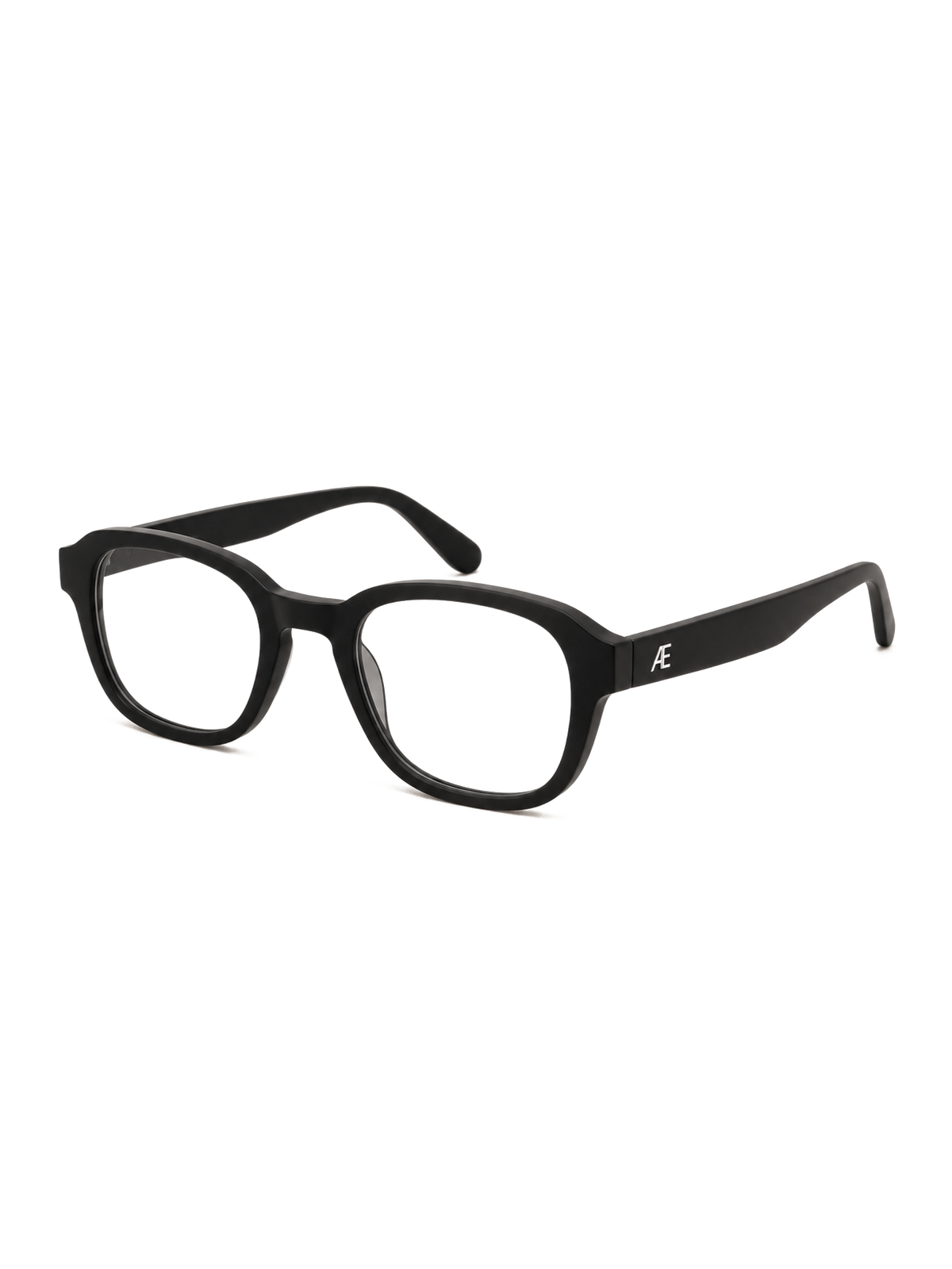 Transparent-background cutout of an open ATÉN matte black frame with Everyday Mode lenses in a front-right three-quarter view; a silver ATÉN monogram is visible on the near temple, with faint white cutout shadows beneath the frame and temple tips.